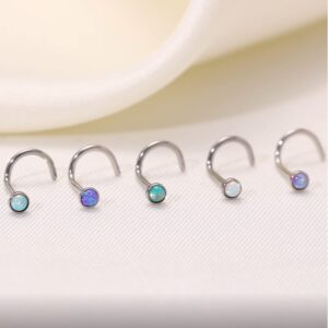 Lantine Corkscrew Nose Studs Surgical Steel 2mm Opal Nose Stud Pink White Purple Green Blue Set 20 Gauge 1/4 inch