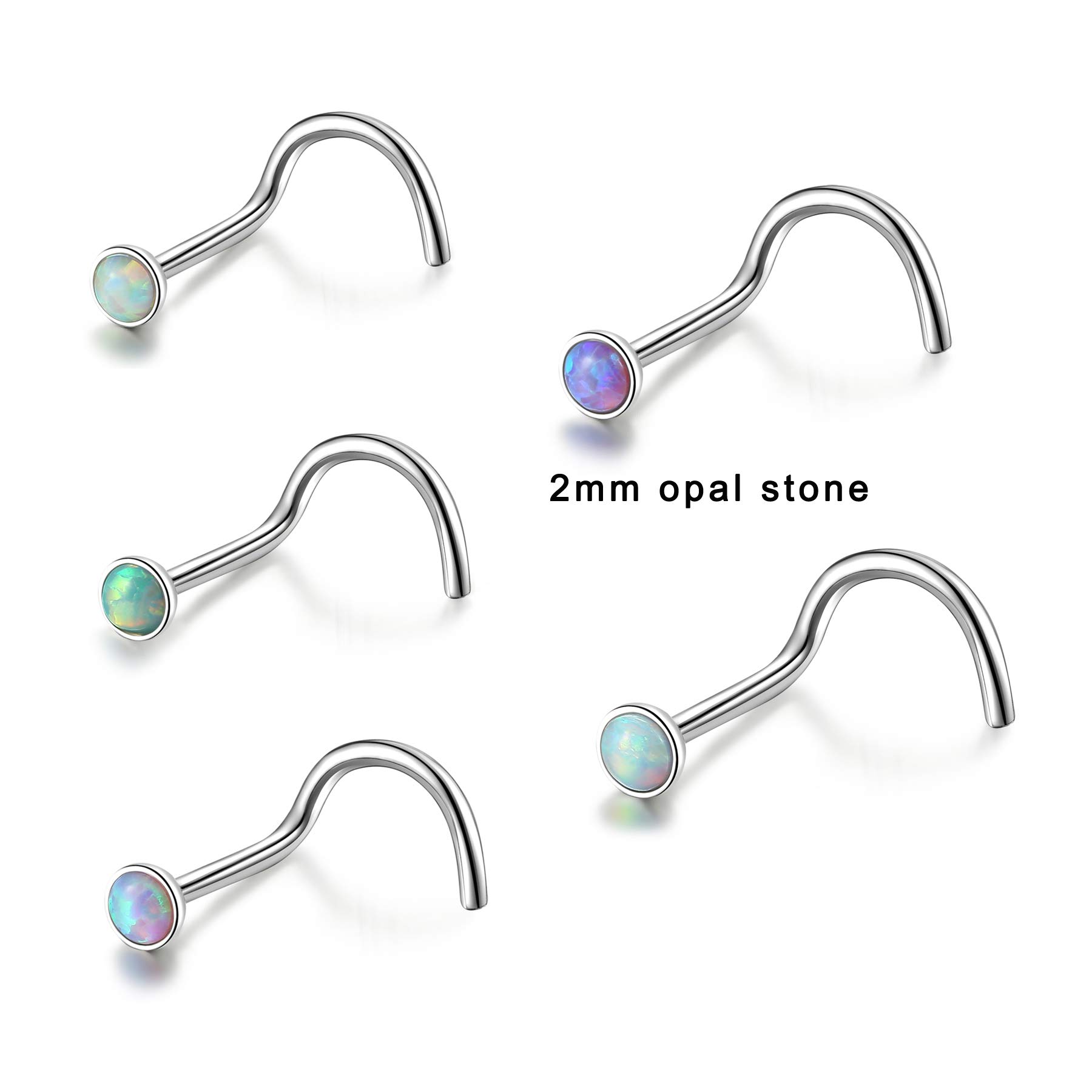 Lantine Corkscrew Nose Studs Surgical Steel 2mm Opal Nose Stud Pink White Purple Green Blue Set 20 Gauge 1/4 inch