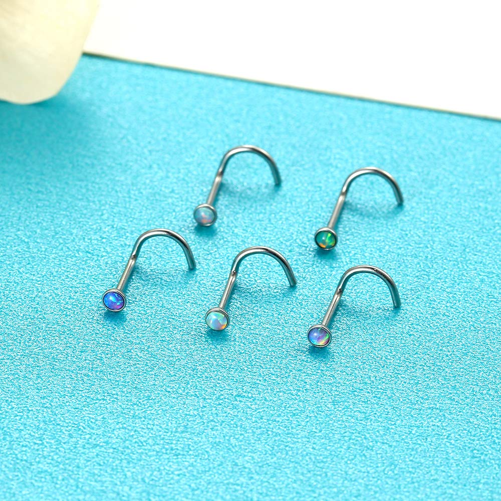 Lantine Corkscrew Nose Studs Surgical Steel 2mm Opal Nose Stud Pink White Purple Green Blue Set 20 Gauge 1/4 inch