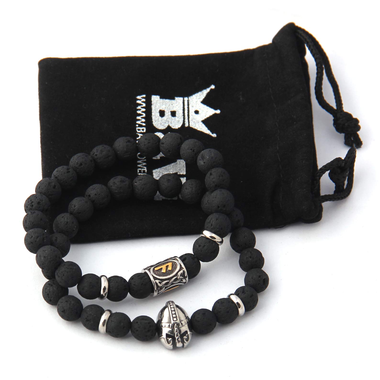 BAVIPOWER Set Rune Bead Bracelet and Viking Warrior Helmet Lava Rock Volcanic Stone Bead Elastic Adjustable Bracelet Bangle (Black)