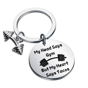 bekech fitness keychain gym keychain my head says gym but my heart says tacos fitness jewelry fitness lover workout gift bodybuilding gift (silver)