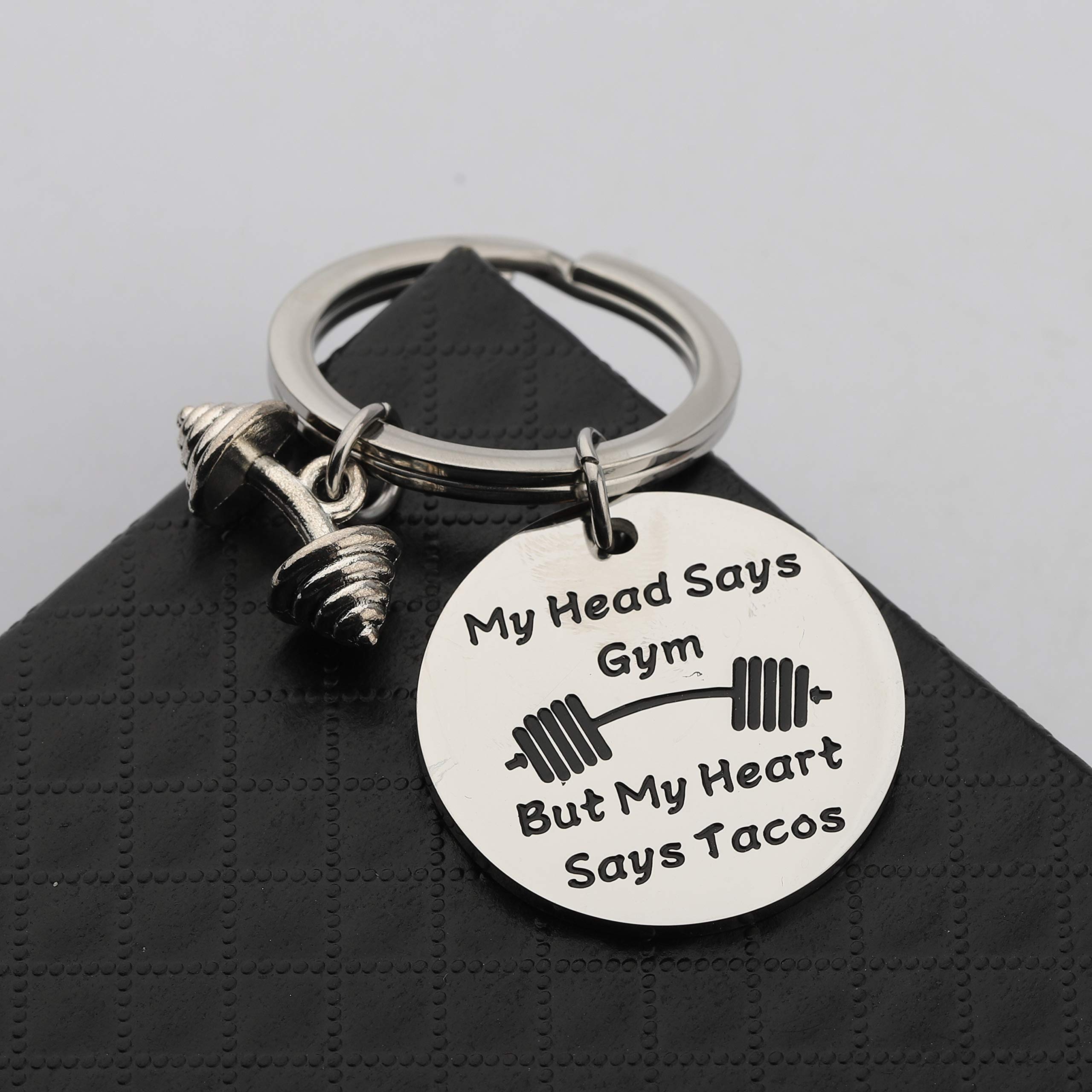 BEKECH Fitness Keychain Gym Keychain My Head Says Gym But My Heart Says Tacos Fitness Jewelry Fitness Lover Workout Gift Bodybuilding Gift (silver)