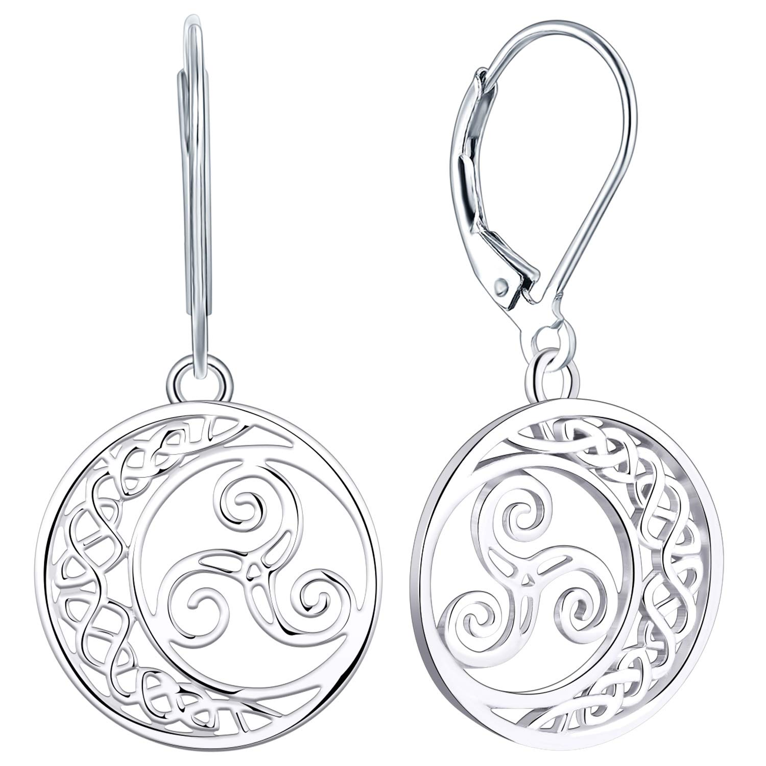 YL Celtic Knot Earrings 925 Sterling Silver Triskele Dangle Drop Earrings 18k White Gold Triskelion Moon Leverback Jewelry for Women