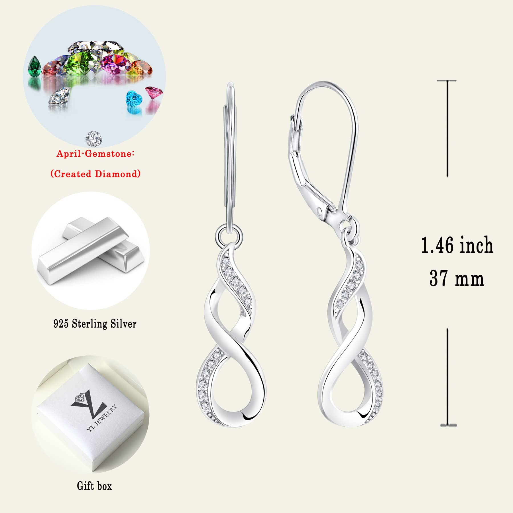 YL Dangle Drop Infinity Earrings 925 Sterling Silver Leverback Earrings 18K White Gold Jewelry for Women