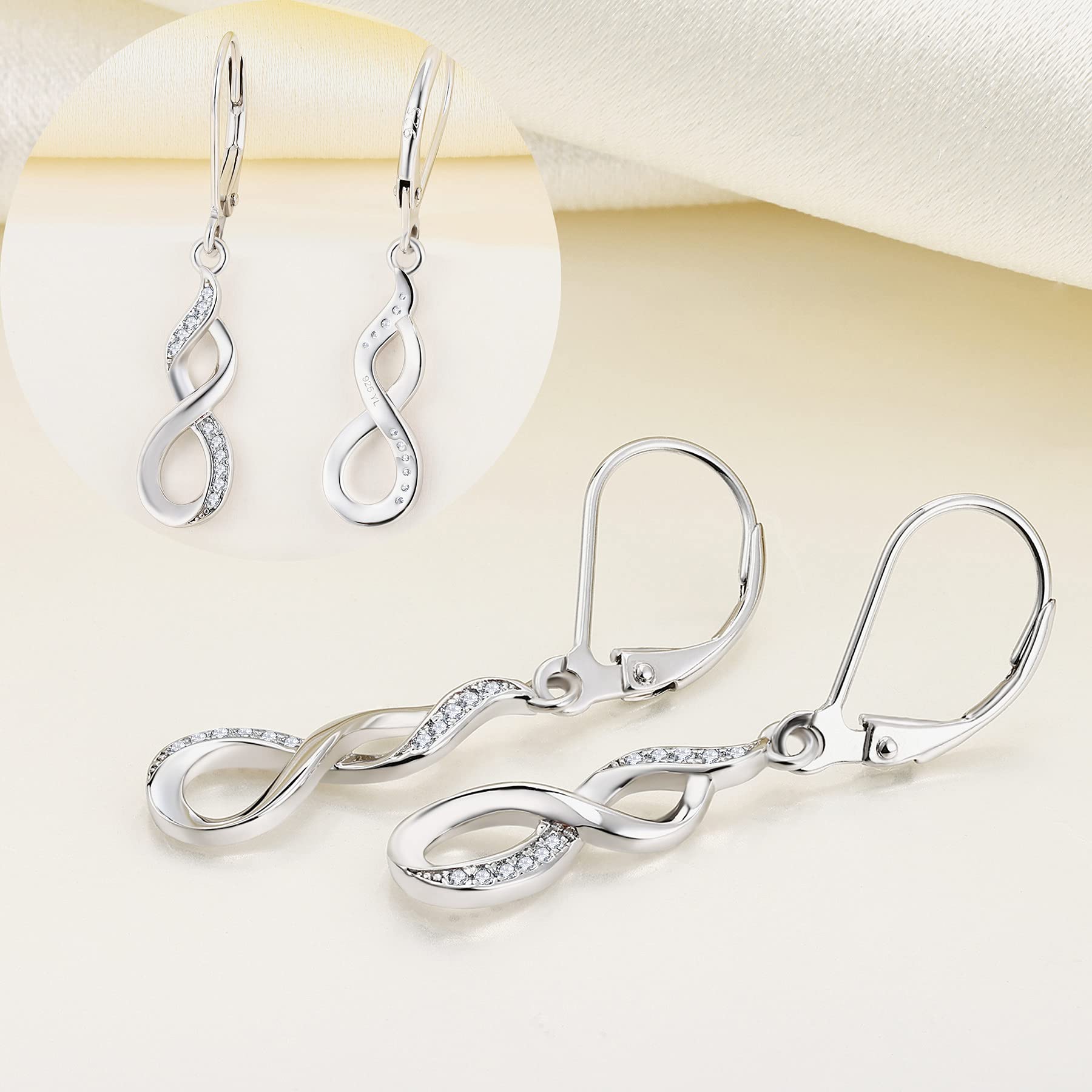 YL Dangle Drop Infinity Earrings 925 Sterling Silver Leverback Earrings 18K White Gold Jewelry for Women