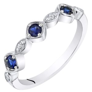 PEORA Created Blue Sapphire Stackable Ring in Sterling Silver, Marquise and Round Band for Women, 2mm Sizes 7