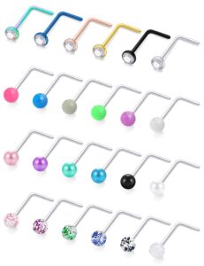 cisyozi 18g nose rings studs for women stainless surgical steel stud nose ring plastic glow dark big curved nose nostril rings bend l shaped pearl nose ring piercing jewelry set pack men diamond 3mm