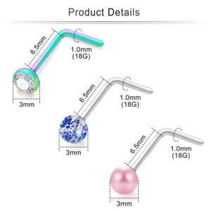 Cisyozi 18G Nose Rings Studs for Women Stainless Surgical Steel Stud Nose Ring Plastic Glow Dark Big Curved Nose Nostril Rings Bend L Shaped Pearl Nose Ring Piercing Jewelry Set Pack Men Diamond 3mm