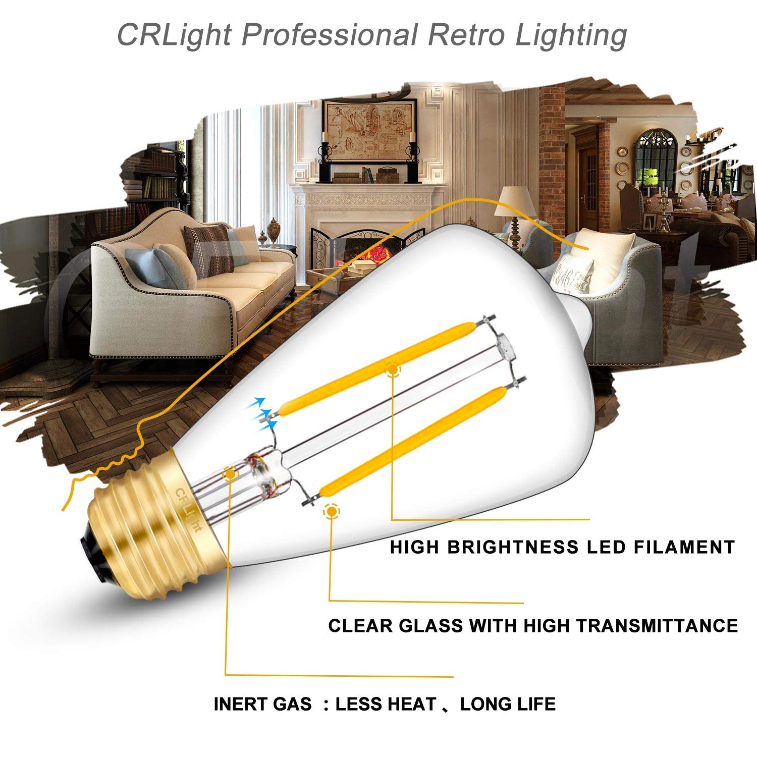 CRLight 2W LED Edison Bulb 30W Equivalent 300LM, 3000K Soft White E26 Vintage Edison Tiny ST48 / ST14 Clear Glass Dimmable LED Filament Light Bulbs, Pack of 8