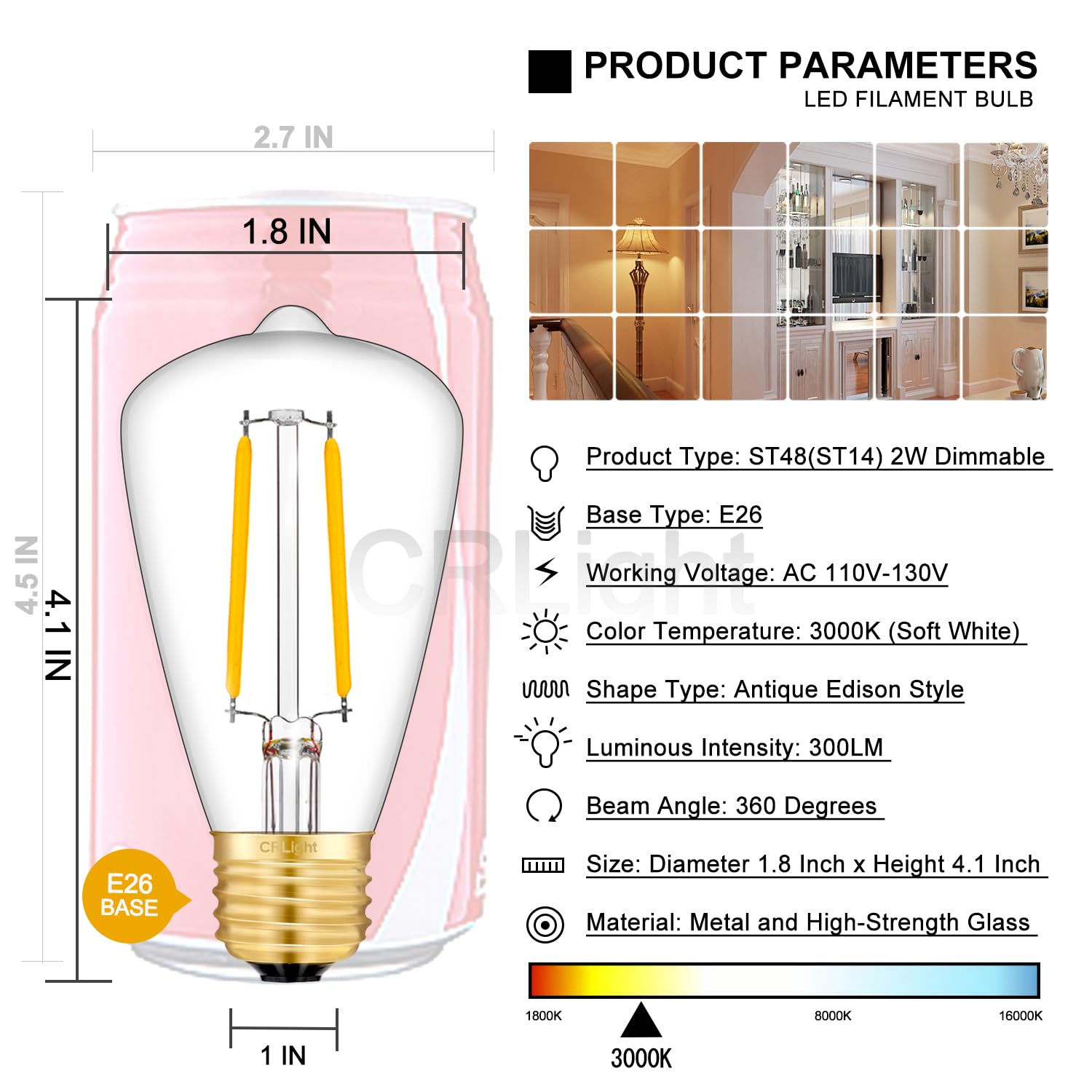 CRLight 2W LED Edison Bulb 30W Equivalent 300LM, 3000K Soft White E26 Vintage Edison Tiny ST48 / ST14 Clear Glass Dimmable LED Filament Light Bulbs, Pack of 8