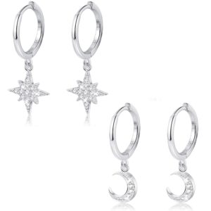 Milacolato 2Pairs 925 Sterling Silver Huggie Hoop Earrings 18K White Gold Plated Small Dangle Earrings with Cubic Zirconia Moon Star Hypaollergenic Drop Hoop Earrings for Women-2 Pairs Moon Star