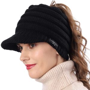 FORBUSITE Women's BeanieTail Warm Knit Hat Messy High Bun Ponytail Visor Beanie Cap B088 A-Black