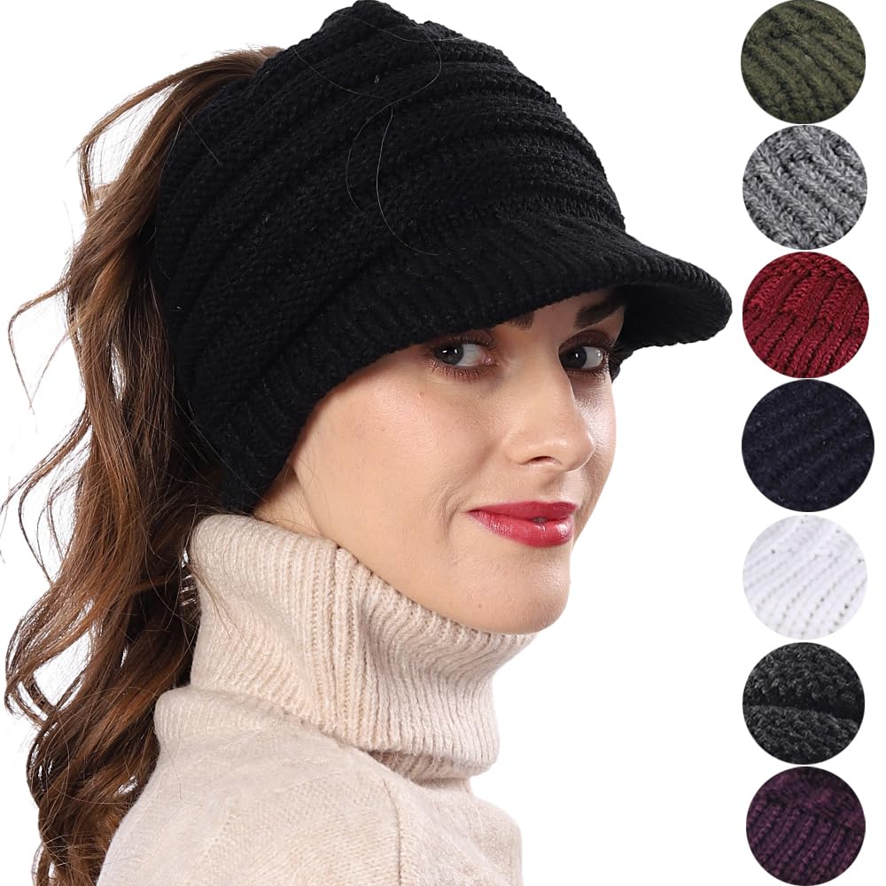 FORBUSITE Women's BeanieTail Warm Knit Hat Messy High Bun Ponytail Visor Beanie Cap B088 A-Black