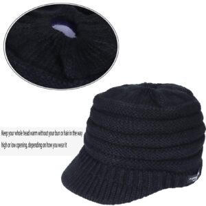 FORBUSITE Women's BeanieTail Warm Knit Hat Messy High Bun Ponytail Visor Beanie Cap B088 A-Black