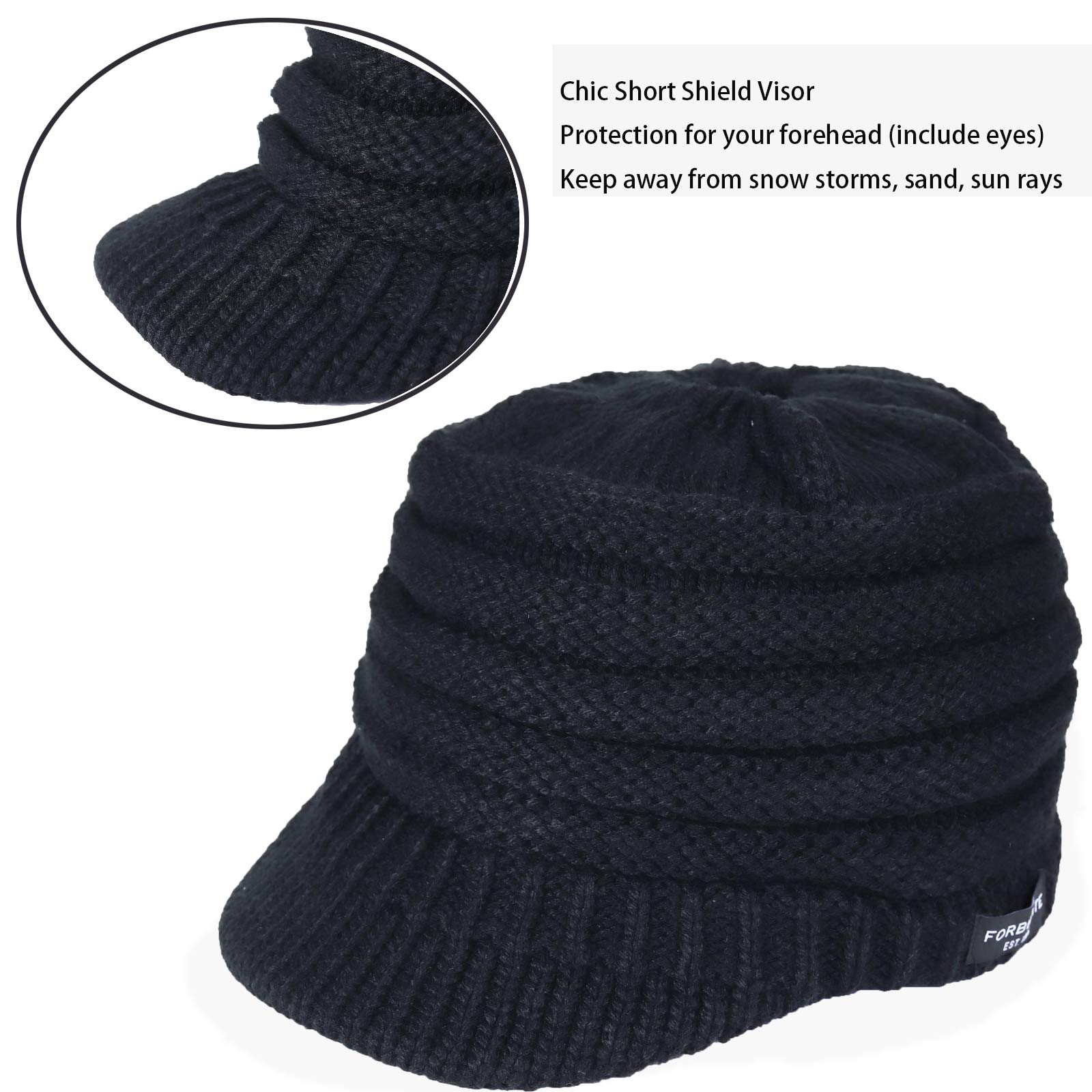 FORBUSITE Women's BeanieTail Warm Knit Hat Messy High Bun Ponytail Visor Beanie Cap B088 A-Black