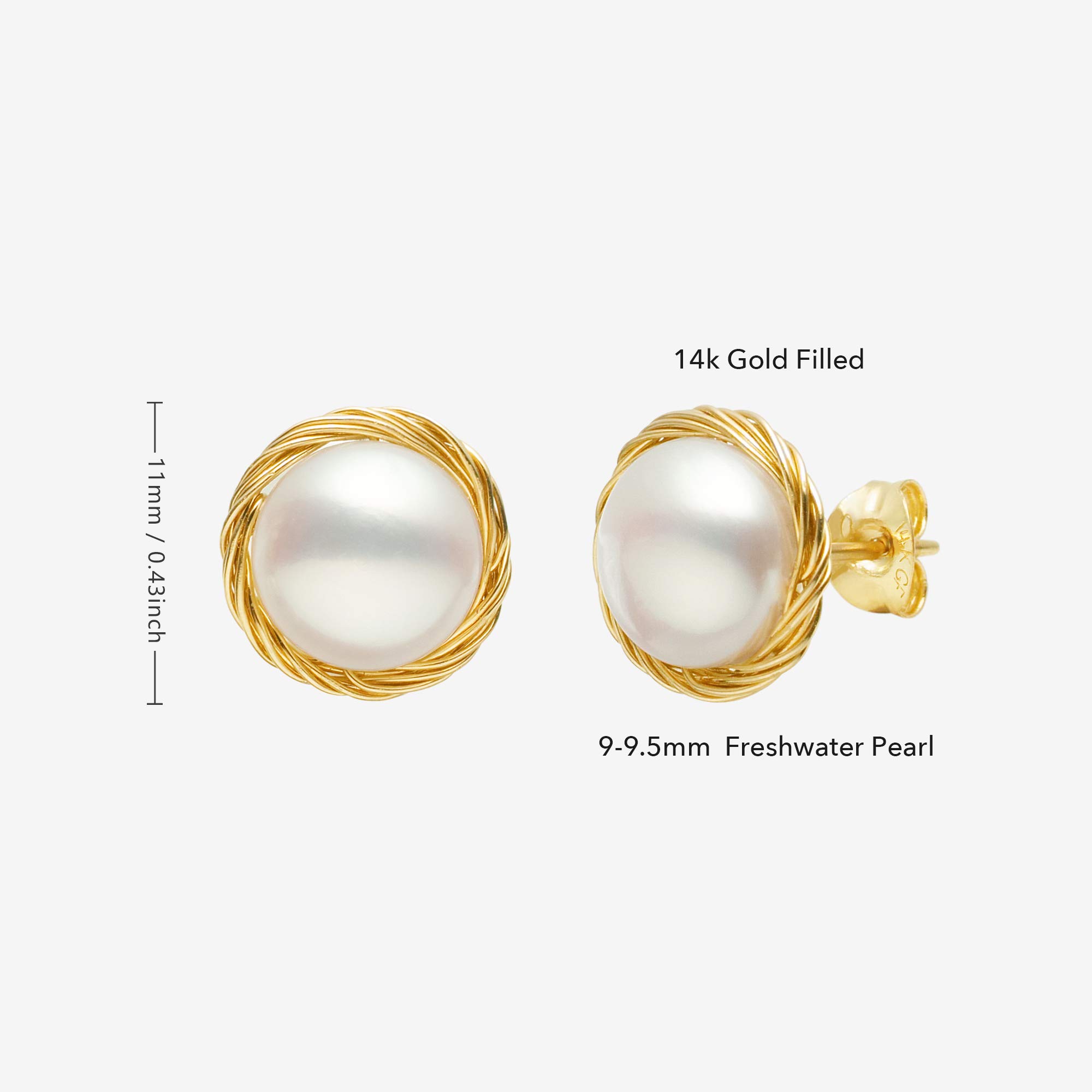 Pearl Stud Earrings for Women 14K Gold Filled 9.5mm+ White Real Freshwater Cultured Pearl Earrings COMOTO Jewelry