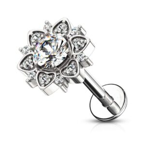 forbidden body jewelry 16g 8mm internally threaded cartilage, tragus, labret, monroe stud w/cz floral top, rhodium plated