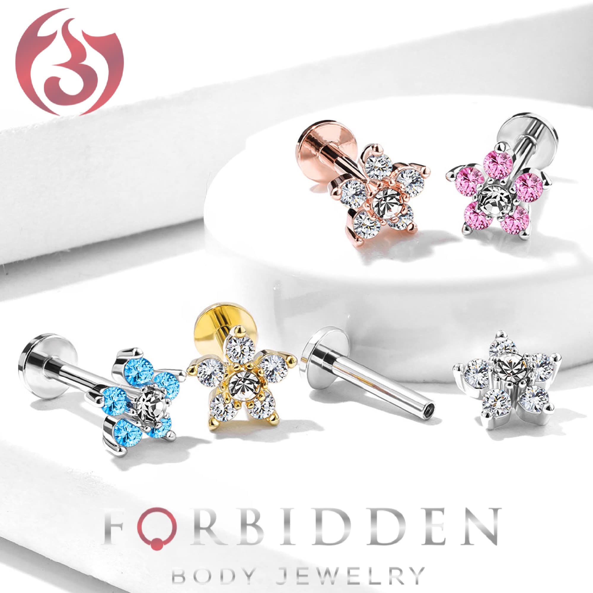 Forbidden Body Jewelry 16g 6mm Internally Threaded Cartilage/Tragus/Labret/Monroe Stud w/Double Tier Floral Top, Clear