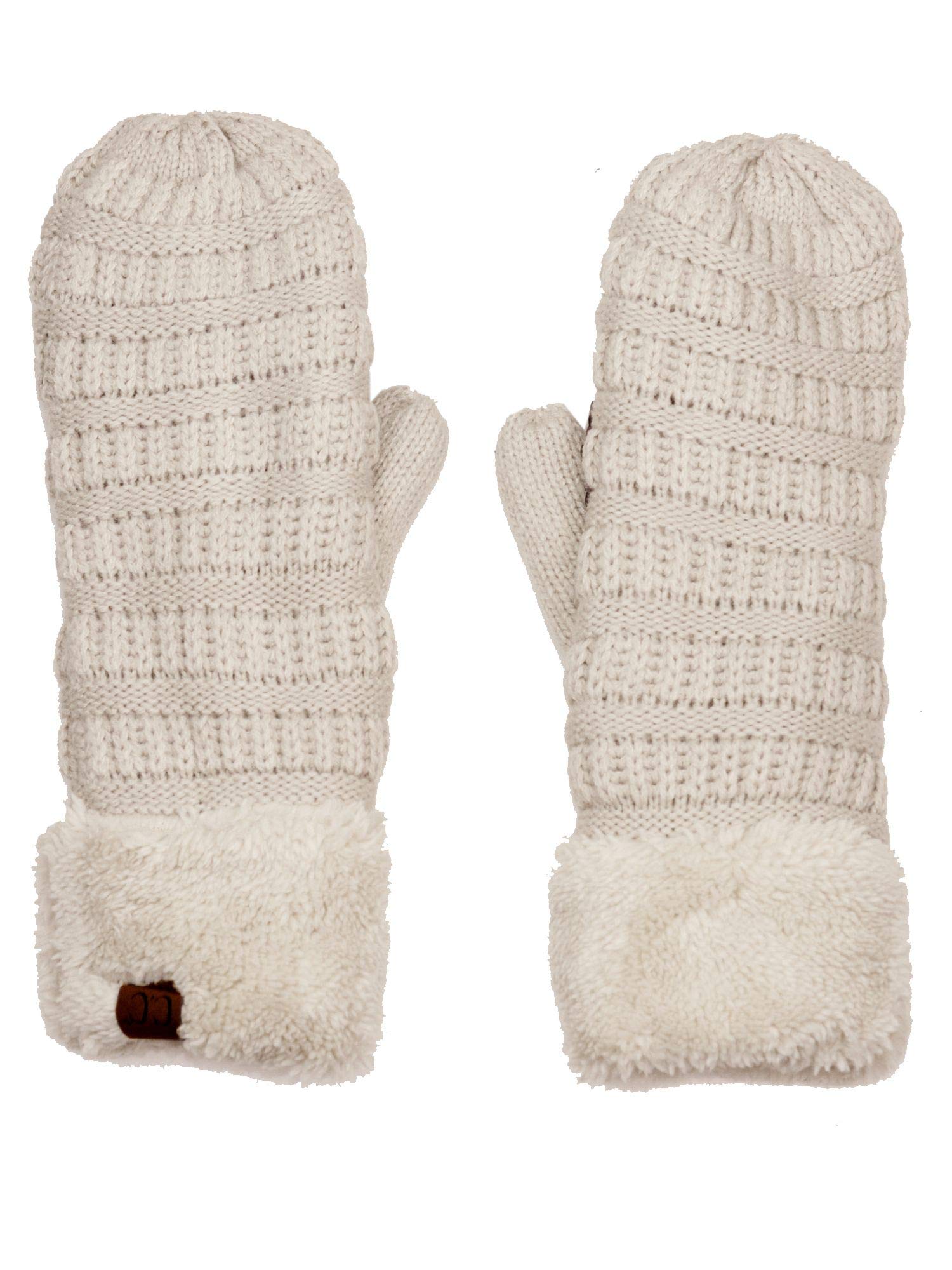 C.C Unisex Winter Warm Inner Fuzzy Lined Anti-Slip Cuff Mittens, Ivory