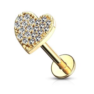 Forbidden Body Jewelry 16g 6mm Internally Threaded Cartilage/Tragus/Labret/Monroe Stud w/CZ Heart Top, 14k Gold Plated