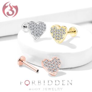 Forbidden Body Jewelry 16g 6mm Internally Threaded Cartilage/Tragus/Labret/Monroe Stud w/CZ Heart Top, 14k Gold Plated