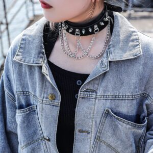 Manfnee Punk Goth Rock Collar for Women Men Leather Spike Chain Vintage Necklace Adjustable Black