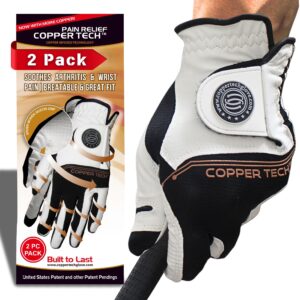 copper tech men's golf gloves (2 pack) - crafted with 100% aaa synthetic leather - advanced copper compression golf glove for optimal wrist and joint support (white/black, med - large, left)