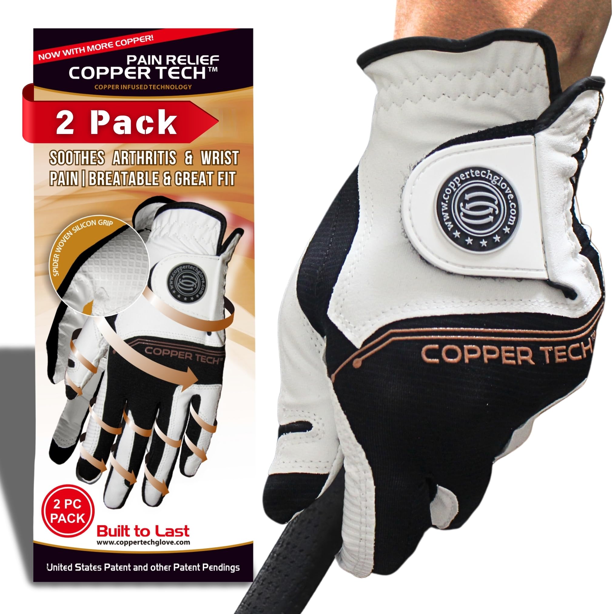 Copper Tech Men's Golf Gloves (2 Pack) - Crafted with 100% AAA Synthetic Leather - Advanced Copper Compression Golf Glove for Optimal Wrist and Joint Support (White/Black, Med - Large, Left)