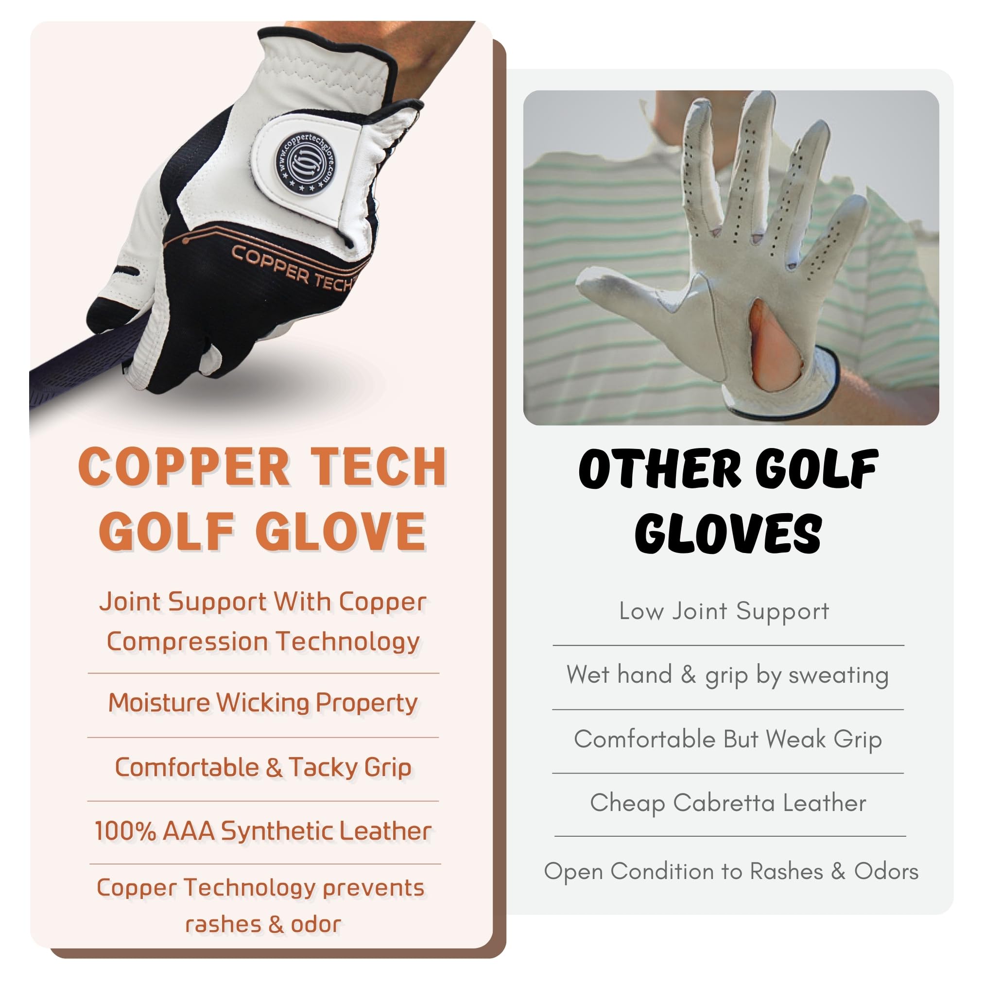 Copper Tech Men's Golf Gloves (2 Pack) - Crafted with 100% AAA Synthetic Leather - Advanced Copper Compression Golf Glove for Optimal Wrist and Joint Support (White/Black, Med - Large, Left)