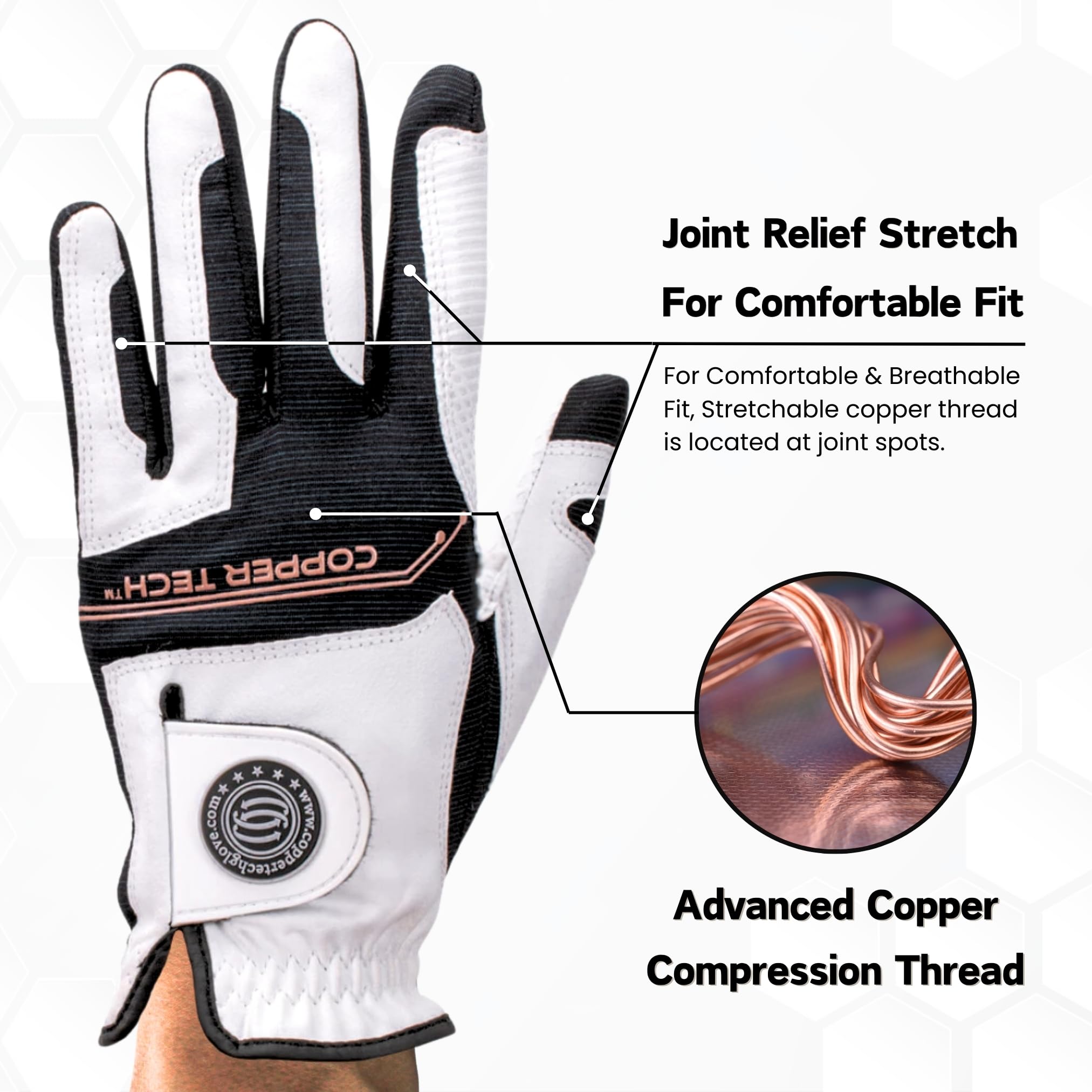 Copper Tech Men's Golf Gloves (2 Pack) - Crafted with 100% AAA Synthetic Leather - Advanced Copper Compression Golf Glove for Optimal Wrist and Joint Support (White/Black, Med - Large, Left)