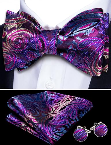 YOHOWA Mens Bow Tie Set with Lapel Pin Brooch Purple Blue Silk Self Tie Bowtie Handkerchief Cufflinks Formal Wedding Party Prom