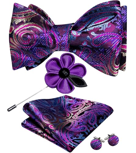 YOHOWA Mens Bow Tie Set with Lapel Pin Brooch Purple Blue Silk Self Tie Bowtie Handkerchief Cufflinks Formal Wedding Party Prom