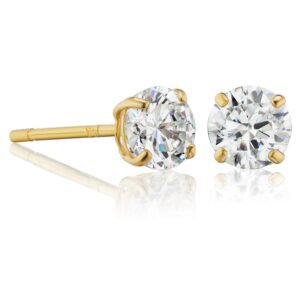 14k Gold Made with Cubic Zirconia Genuine Real 14 Karat Gold Solitaire Round Stud Earrings (4mm, Yellow Gold)