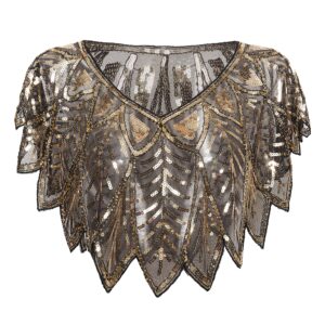 BABEYOND 1920s Shawl Wraps Sequin Beaded Evening Cape Bridal Shawl (Black Gold)