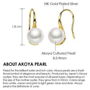 18K Gold Plated Akoya Pearl Earrings Dangle Drop 8.5-9mm Pearl 925 Sterling Silver Fine Jewelry for Women