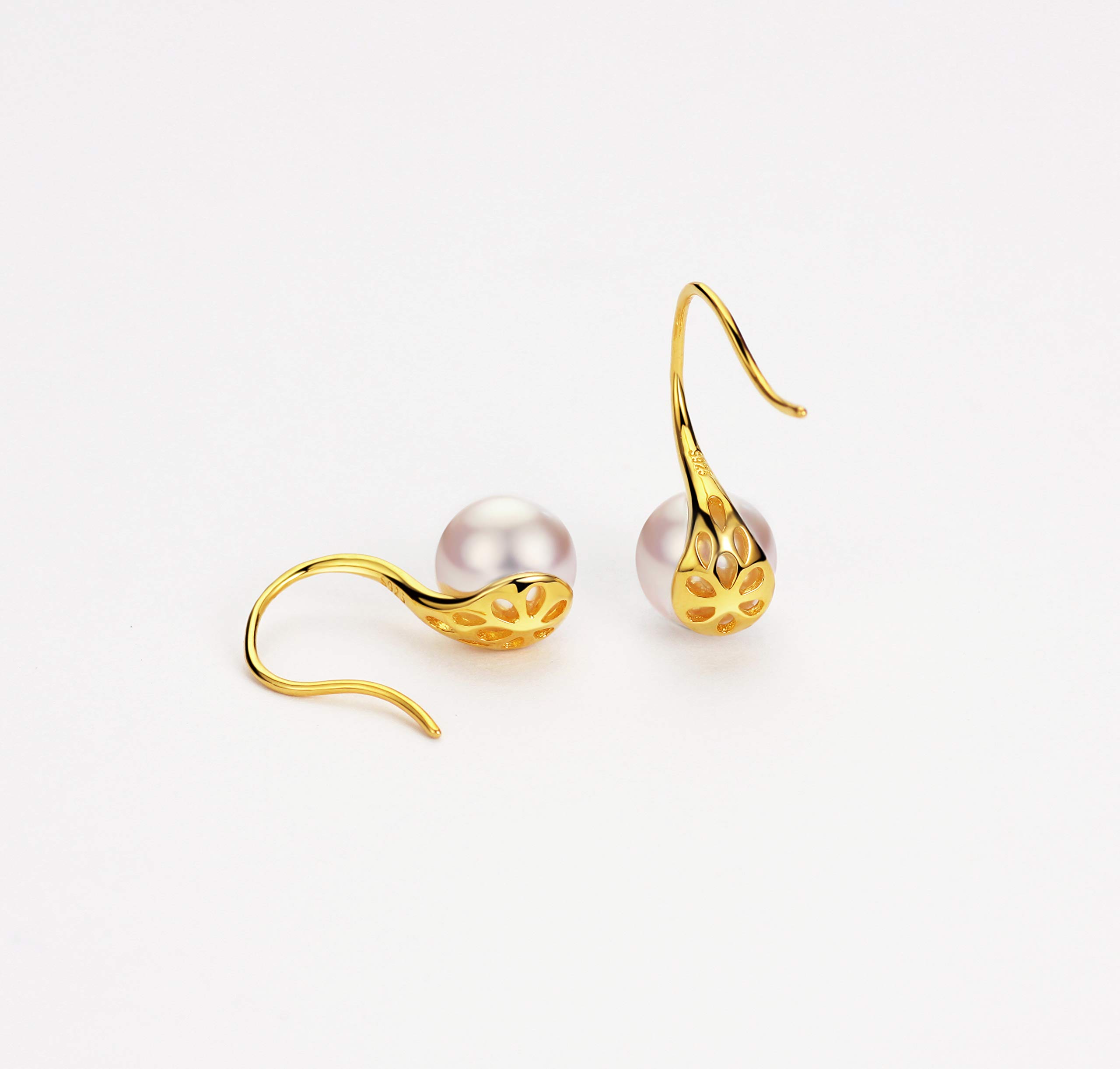 18K Gold Plated Akoya Pearl Earrings Dangle Drop 8.5-9mm Pearl 925 Sterling Silver Fine Jewelry for Women