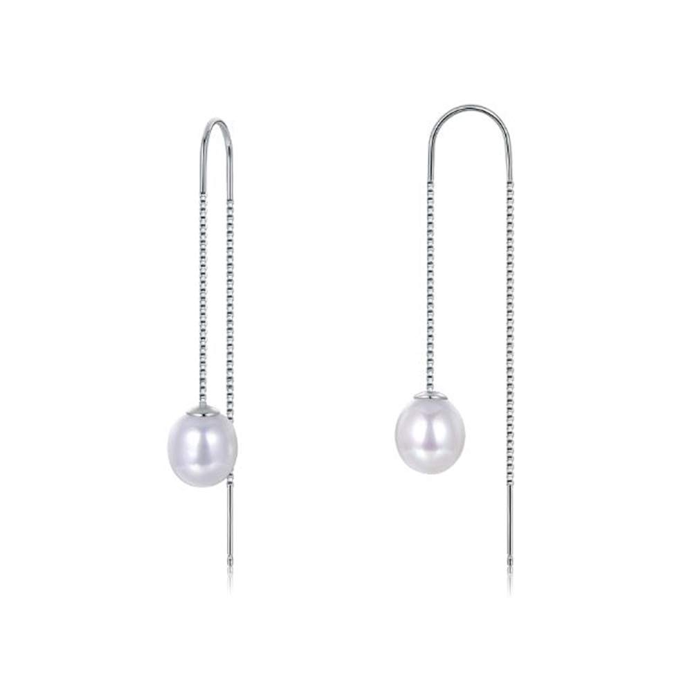 MOLAH 925 Sterling Silver Genuine Cultured Freshwater Pearl 8-8.5mm Threader Earrings Rhodium Plated