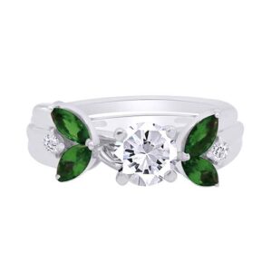 0.84 Carat Simulated Green Emerald & Cubic Zirconia Enhancer Guard 14K White Gold Over Sterling Silver Ring Size-6