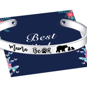 Veeshy Mama Bear One Mother with Two 2 Cubs Cuff Bracelets with Box, Womens Stainless Steel Bangles Jewelry, Christmas Birthday Thanksgiving Gift for Mummy Mom from Daughter Son