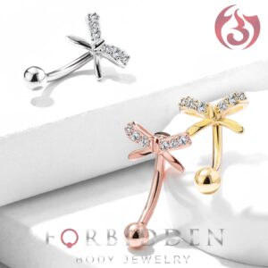 Forbidden Body Jewelry 16g 8mm Curved Barbell for Daith, Eyebrow, Rook & Belly Button with CZ Ribbon Tied Top, Clear/Gold Tone