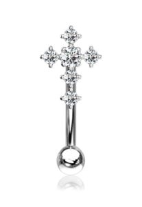 forbidden body jewelry 16g 8mm curved barbell for daith, eyebrow, rook & belly button with cz cross top, silver tone