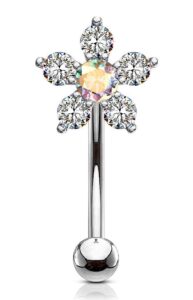 forbidden body jewelry 16g 6mm curved barbell for daith, eyebrow, rook & belly button w/cz floral top, clear/aurora borealis