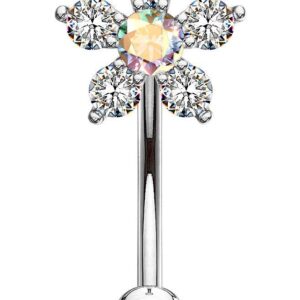 Forbidden Body Jewelry 16g 6mm Curved Barbell for Daith, Eyebrow, Rook & Belly Button w/CZ Floral Top, Clear/Aurora Borealis