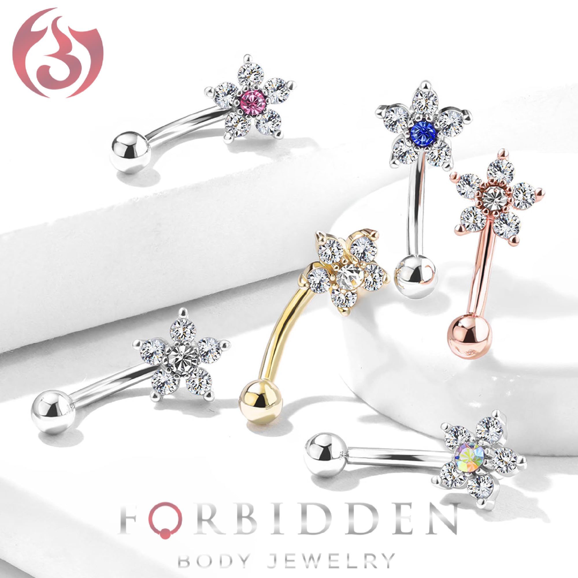 Forbidden Body Jewelry 16g 6mm Curved Barbell for Daith, Eyebrow, Rook & Belly Button w/CZ Floral Top, Clear/Aurora Borealis