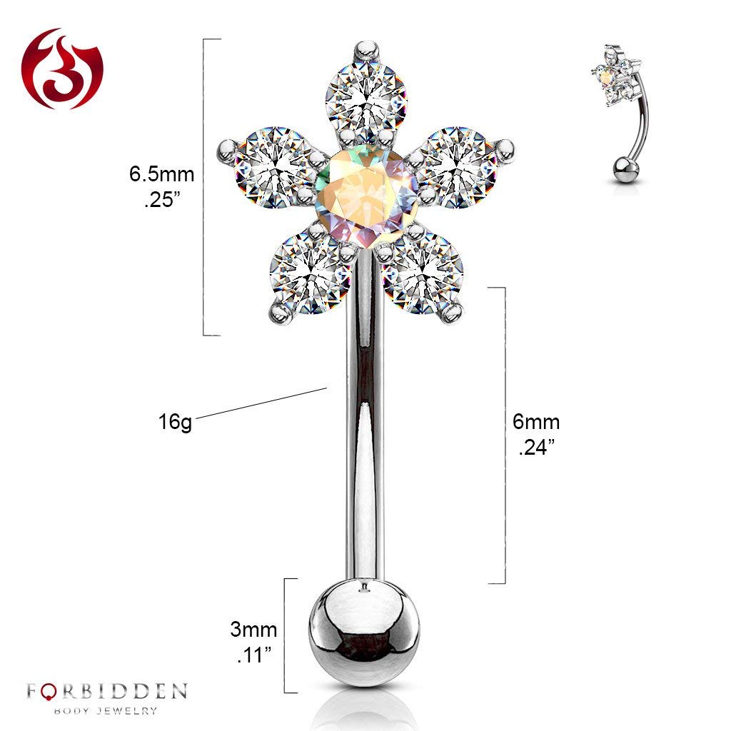 Forbidden Body Jewelry 16g 6mm Curved Barbell for Daith, Eyebrow, Rook & Belly Button w/CZ Floral Top, Clear/Aurora Borealis