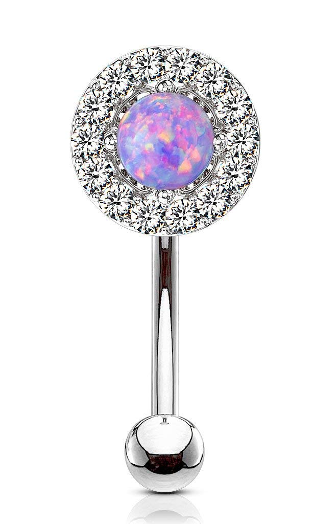 Forbidden Body Jewelry 16g 6mm Curved Barbell for Daith/Eyebrow/Rook/Belly Button w/Round CZ & Opalite Top, Purple