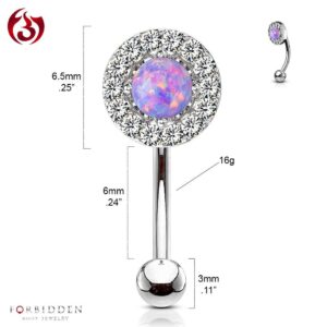 Forbidden Body Jewelry 16g 6mm Curved Barbell for Daith/Eyebrow/Rook/Belly Button w/Round CZ & Opalite Top, Purple