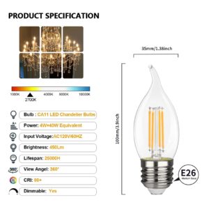 KGC LED Candelabra Bulb, 2700K Warm White 450LM, LED Dimmable Edison Bulb, 4.5W Equivalent to 50W, E26 Medium Base LED Candle Bulbs, CA11/C35 Clear Glass Flame Shape Bent Tip - 6 Pack