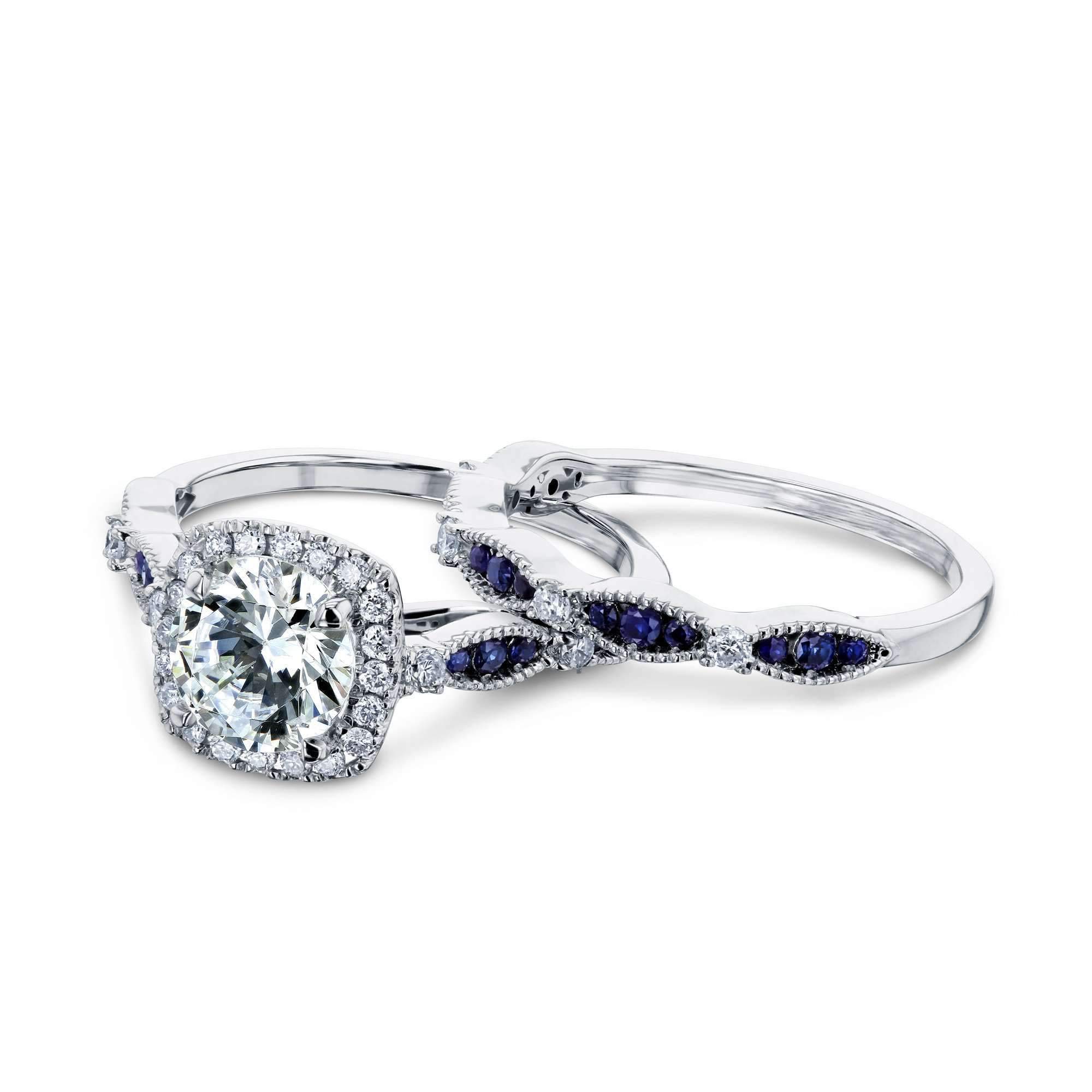 Kobelli Round Moissanite and Blue Sapphire Bridal Set - 8.0 G-H