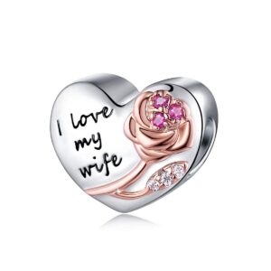 FOREVER QUEEN 925 Sterling Silver I Love My Wife Heart Love with 3D Rose Flower Charms Beads for Bracelets Necklaces Wedding Valentine's Day Mother's DayGift Jewelry for Women